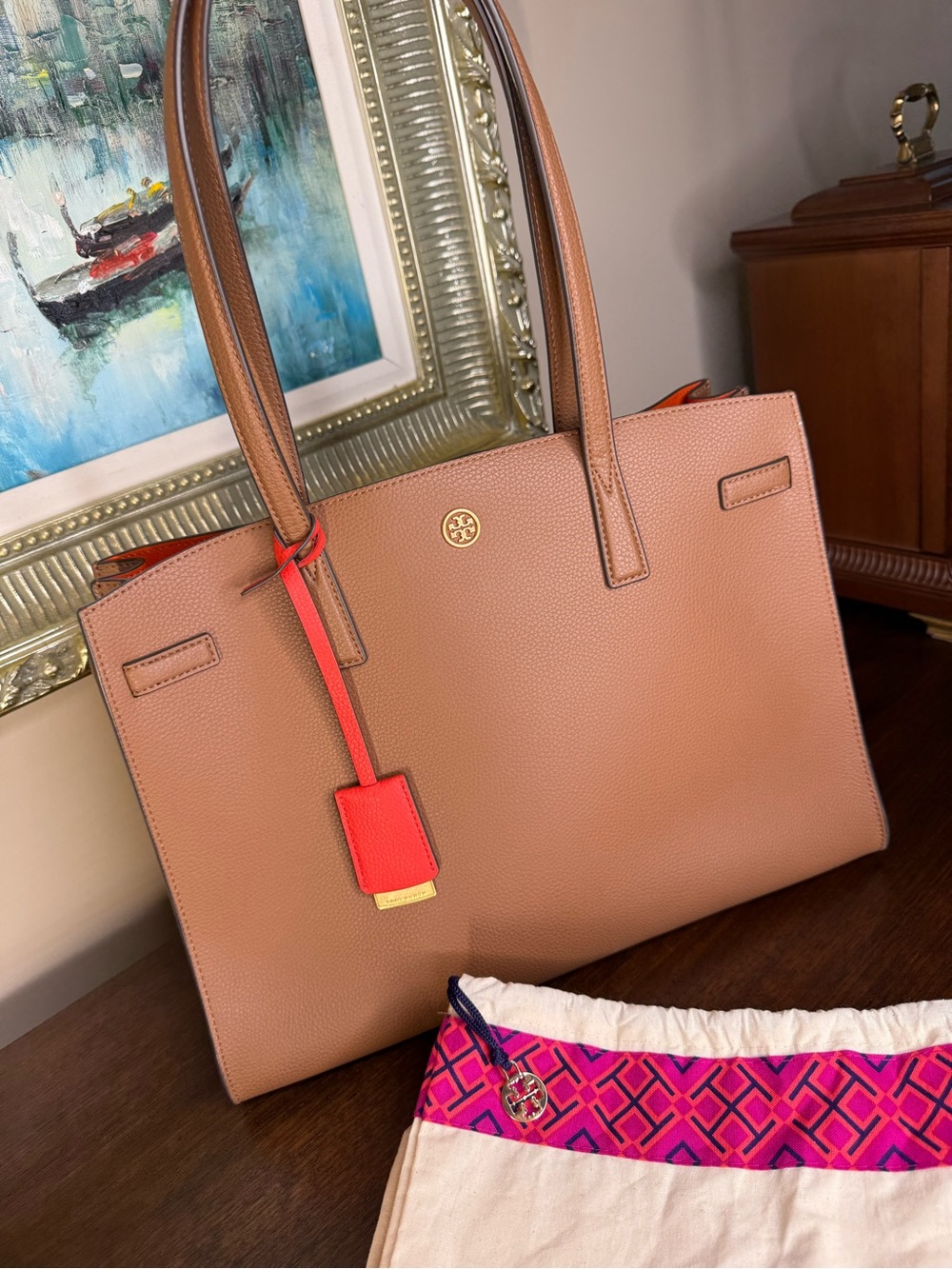 Tory Burch Tan Pebbled Leather Tote with Orange tag and interior